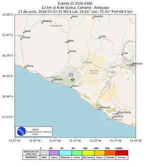 Mapa de aceleración teórica del sismo de magnitud 3.8 a 12 km al N de Quilca, Camaná - Arequipa, Perú