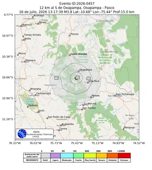 Mapa de aceleración teórica del sismo de magnitud 3.8 a 12 km al S de Oxapampa, Oxapampa - Pasco, Perú