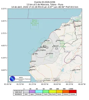 Mapa de aceleración teórica del sismo de magnitud 3.8 a 13 km al E de Máncora, Talara - Piura, Perú