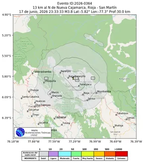 Mapa de aceleración teórica del sismo de magnitud 3.8 a 13 km al N de Nueva Cajamarca, Rioja - San Martín, Perú