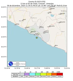 Mapa de aceleración teórica del sismo de magnitud 3.8 a 13 km al SE de Chala, Caravelí - Arequipa, Perú