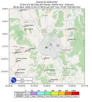 Mapa de aceleración teórica del sismo de magnitud 3.8 a 15 km al S de Codo del Pozuzo, Puerto Inca - Huánuco, Perú