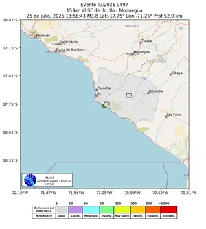 Mapa de aceleración teórica del sismo de magnitud 3.8 a 15 km al SE de Ilo, Ilo - Moquegua, Perú