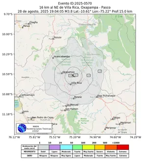 Mapa de aceleración teórica del sismo de magnitud 3.8 a 16 km al NE de Villa Rica, Oxapampa - Pasco, Perú