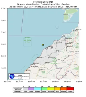 Mapa de aceleración teórica del sismo de magnitud 3.8 a 16 km al NO de Zorritos, Contralmirante Villar - Tumbes, Perú