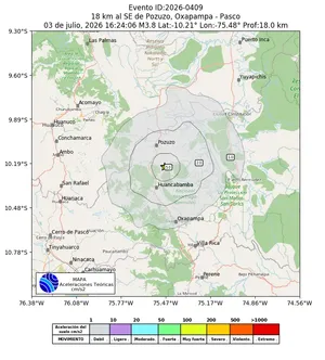 Mapa de aceleración teórica del sismo de magnitud 3.8 a 18 km al SE de Pozuzo, Oxapampa - Pasco, Perú