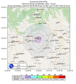 Mapa de aceleración teórica del sismo de magnitud 3.8 a 18 km al SO de Limatambo, Anta - Cusco, Perú