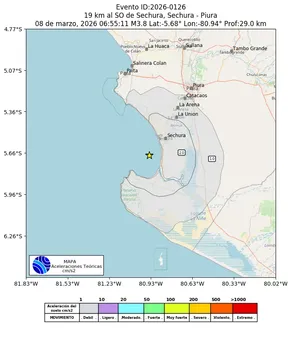 Mapa de aceleración teórica del sismo de magnitud 3.8 a 19 km al SO de Sechura, Sechura - Piura, Perú