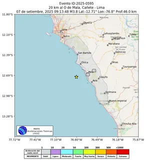 Mapa de aceleración teórica del sismo de magnitud 3.8 a 20 km al O de Mala, Cañete - Lima, Perú