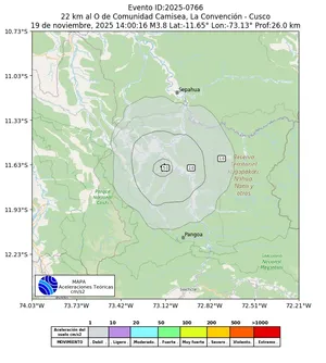 Mapa de aceleración teórica del sismo de magnitud 3.8 a 22 km al O de Comunidad Camisea, La Convención - Cusco, Perú