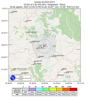 Mapa de aceleración teórica del sismo de magnitud 3.8 a 23 km al E de Villa Rica, Oxapampa - Pasco, Perú
