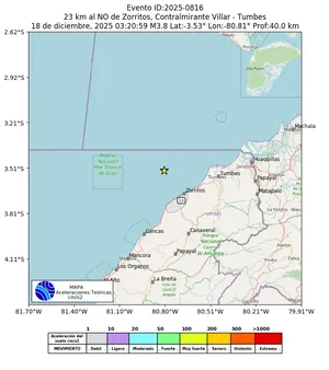 Mapa de aceleración teórica del sismo de magnitud 3.8 a 23 km al NO de Zorritos, Contralmirante Villar - Tumbes, Perú