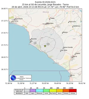 Mapa de aceleración teórica del sismo de magnitud 3.8 a 25 km al SO de Locumba, Jorge Basadre - Tacna, Perú
