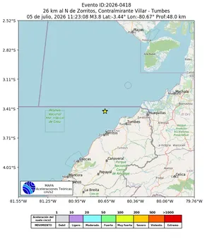 Mapa de aceleración teórica del sismo de magnitud 3.8 a 26 km al N de Zorritos, Contralmirante Villar - Tumbes, Perú