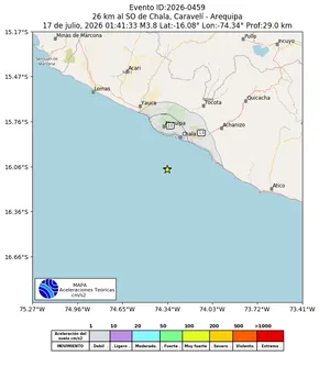 Mapa de aceleración teórica del sismo de magnitud 3.8 a 26 km al SO de Chala, Caravelí - Arequipa, Perú