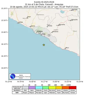 Mapa de aceleración teórica del sismo de magnitud 3.8 a 31 km al S de Chala, Caraveli - Arequipa, Perú