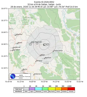 Mapa de aceleración teórica del sismo de magnitud 3.8 a 32 km al N de Satipo, Satipo - Junín, Perú