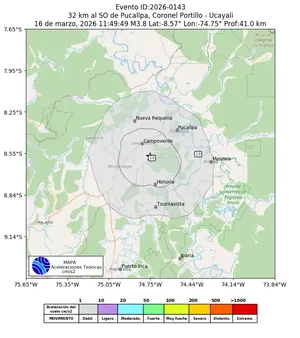 Mapa de aceleración teórica del sismo de magnitud 3.8 a 32 km al SO de Pucallpa, Coronel Portillo - Ucayali, Perú