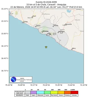 Mapa de aceleración teórica del sismo de magnitud 3.8 a 33 km al S de Chala, Caravelí - Arequipa, Perú
