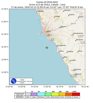 Mapa de aceleración teórica del sismo de magnitud 3.8 a 34 km al O de Chilca, Cañete - Lima, Perú