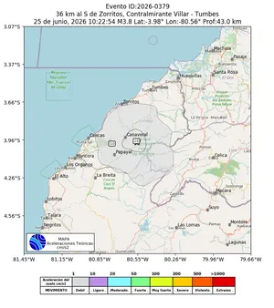 Mapa de aceleración teórica del sismo de magnitud 3.8 a 36 km al S de Zorritos, Contralmirante Villar - Tumbes, Perú