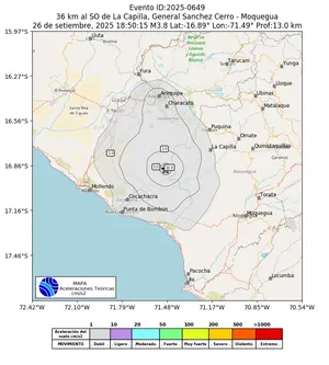 Mapa de aceleración teórica del sismo de magnitud 3.8 a 36 km al SO de La Capilla, General Sanchez Cerro - Moquegua, Perú