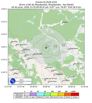 Mapa de aceleración teórica del sismo de magnitud 3.8 a 38 km al NE de Moyobamba, Moyobamba - San Martín, Perú