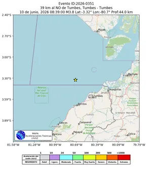 Mapa de aceleración teórica del sismo de magnitud 3.8 a 39 km al NO de Tumbes, Tumbes - Tumbes, Perú