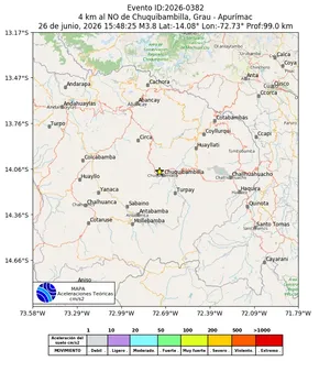 Mapa de aceleración teórica del sismo de magnitud 3.8 a 4 km al NO de Chuquibambilla, Grau - Apurímac, Perú