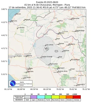 Mapa de aceleración teórica del sismo de magnitud 3.8 a 41 km al N de Chulucanas, Morropon - Piura, Perú