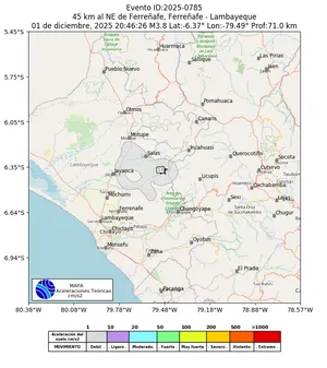 Mapa de aceleración teórica del sismo de magnitud 3.8 a 45 km al NE de Ferreñafe, Ferreñafe - Lambayeque, Perú
