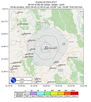 Mapa de aceleración teórica del sismo de magnitud 3.8 a 46 km al NO de Satipo, Satipo - Junín, Perú