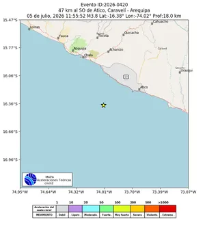 Mapa de aceleración teórica del sismo de magnitud 3.8 a 47 km al SO de Atico, Caravelí - Arequipa, Perú