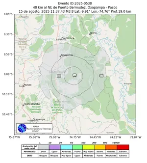Mapa de aceleración teórica del sismo de magnitud 3.8 a 48 km al NE de Puerto Bermudez, Oxapampa - Pasco, Perú