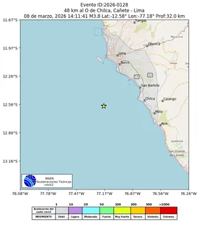 Mapa de aceleración teórica del sismo de magnitud 3.8 a 48 km al O de Chilca, Cañete - Lima, Perú