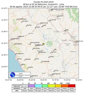 Mapa de aceleración teórica del sismo de magnitud 3.8 a 48 km al SE de Matucana, Huarochiri - Lima, Perú