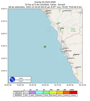 Mapa de aceleración teórica del sismo de magnitud 3.8 a 52 km al O de Chimbote, Santa - Ancash, Perú