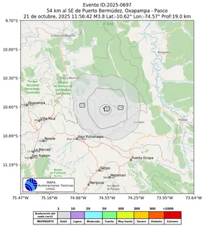 Mapa de aceleración teórica del sismo de magnitud 3.8 a 54 km al SE de Puerto Bermúdez, Oxapampa - Pasco, Perú
