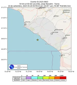 Mapa de aceleración teórica del sismo de magnitud 3.8 a 54 km al SO de Locumba, Jorge Basadre - Tacna, Perú