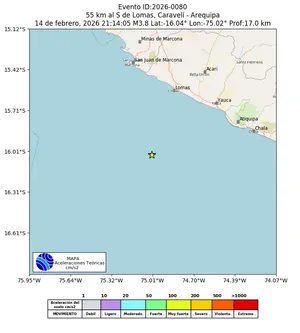 Mapa de aceleración teórica del sismo de magnitud 3.8 a 55 km al S de Lomas, Caravelí - Arequipa, Perú