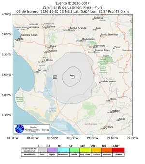 Mapa de aceleración teórica del sismo de magnitud 3.8 a 55 km al SE de La Unión, Piura - Piura, Perú
