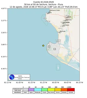 Mapa de aceleración teórica del sismo de magnitud 3.8 a 58 km al SO de Sechura, Sechura - Piura, Perú