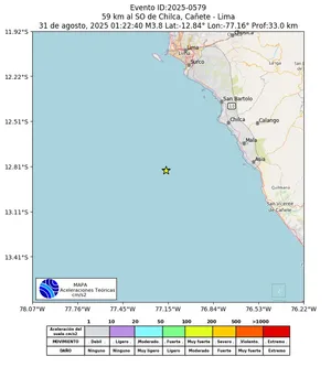 Mapa de aceleración teórica del sismo de magnitud 3.8 a 59 km al SO de Chilca, Cañete - Lima, Perú
