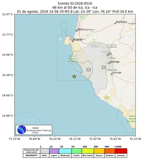 Mapa de aceleración teórica del sismo de magnitud 3.8 a 66 km al SO de Ica, Ica - Ica, Perú