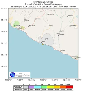 Mapa de aceleración teórica del sismo de magnitud 3.8 a 7 km al SE de Atico, Caravelí - Arequipa, Perú
