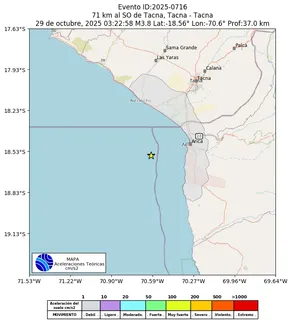 Mapa de aceleración teórica del sismo de magnitud 3.8 a 71 km al SO de Tacna, Tacna - Tacna, Perú