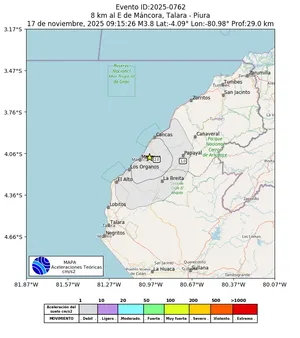 Mapa de aceleración teórica del sismo de magnitud 3.8 a 8 km al E de Máncora, Talara - Piura, Perú