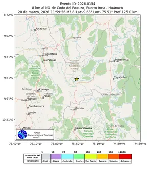 Mapa de aceleración teórica del sismo de magnitud 3.8 a 8 km al NO de Codo del Pozuzo, Puerto Inca - Huánuco, Perú