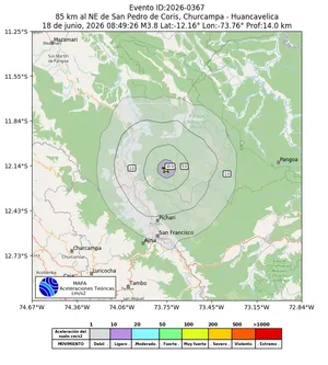 Mapa de aceleración teórica del sismo de magnitud 3.8 a 85 km al NE de San Pedro de Coris, Churcampa - Huancavelica, Perú