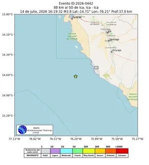 Mapa de aceleración teórica del sismo de magnitud 3.8 a 88 km al SO de Ica, Ica - Ica, Perú